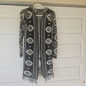 Almost Famous Black & White Aztec Hooded Fringe Duster Cardigan S
